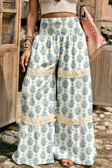 Pantalon large bleu ciel fleuri à empiècements en dentelle