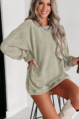 Solid Green Ribbed Knit Crew Neck Sweatshirt