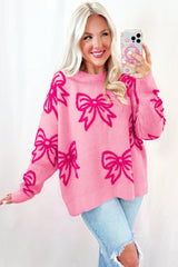 Pink full pink sweater with drooping shoulders and knot pattern