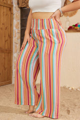 Plus Size Orange Striped Boho Loose Pants with Smocked Waist