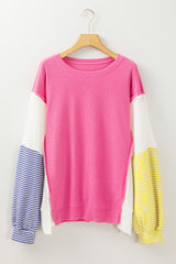 Plus Size Pink Red Color Block Patchwork Striped Puff Sleeve Top with Slits