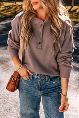 Brown Textured Knit Long Sleeve Henley Top