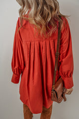 Tomato Red Bishop Sleeve Button Down Pleated Shirt Mini Dress