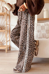 Pantalon large beige léopard à bandes latérales contrastées
