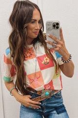 Orange round-collar t-shirt and checkered print *