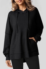 Black Waffle Knit Oversized Hoodie with Fleece Lining