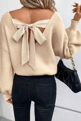Lanter sleeve apricot sweater, V -neck, knot on the back