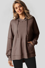 Oversized High Low Fleece Lined Waffle Knit Hoodie Coffee