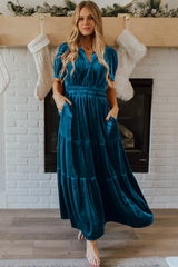Prussian blue velvet maxi dress with short sleeves and tiered gathered waist