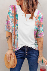 White high with short sleeves and floral print patchwork