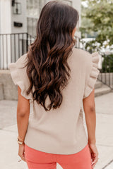 Pull à col montant et manches courtes à volants en tricot torsadé Oatmeal Plus