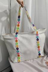 Grand sac cabas blanc en toile à sangle brodée de fleurs