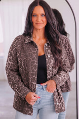 Khaki 100% Cotton Oversized Leopard Print Long Sleeve Patch Pocket Denim Jacket