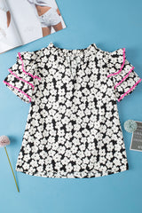 Blouse noire à manches volantées superposées Ric Rac contrastée à fleurs-A WOMAN WE LOVE