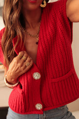 Gilet pull boutonné en tricot texturé uni rouge *