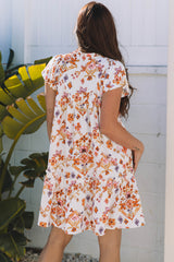 Robe courte à imprimé floral géométrique abricot avec bordure à volants et manches flottantes