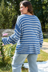 Sky blue striped sweater with dropped shoulders, round neck, plus size