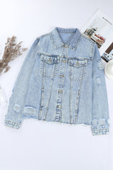 Sky blue denim jacket with reverse and raw hem*