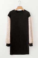 Black sequined straight mini dress with puffed sleeves