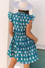 Robe bleue à imprimé floral rétro, col fendu, volants, manches courtes