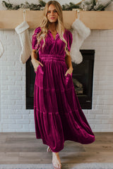 Red Dahlia Velvet Maxi Dress with Short Sleeves and Tiered Ruched Waist