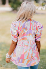 Blouse rose à imprimé abstrait et manches bouffantes avec smocks-A WOMAN WE LOVE
