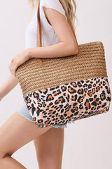 Grand sac cabas effet paille tressée à empiècement léopard