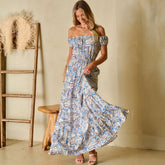 Vestido de hombro a fondo azul largo y estampado de cachemir de estilo bohemio