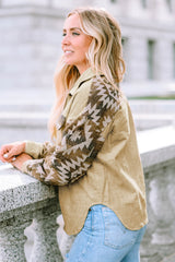 Khaki corduroy jacket with frayed edges and Aztec print