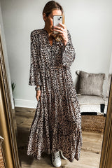 Apricot leopard print wide sleeve maxi dress