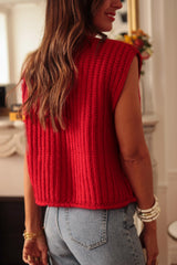Gilet pull boutonné en tricot texturé uni rouge *