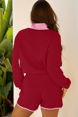 Tenue 2 pièces pull et short à demi-boutons en patchwork de blocs de couleurs Dahlia rouge