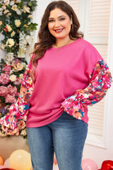 Hot Pink Floral Patchwork Ruffle Sleeve Ribbed Knit Top