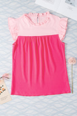 Chemisier bicolore à manches flottantes et à volants rose rouge-A WOMAN WE LOVE