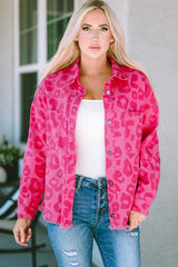 Pink leopard print jacket with buttoned cuffs and raw hem