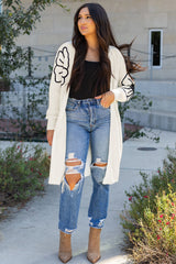 Cardigan beige à fleurs brodées à épaules tombantes ouvert sur le devant-A WOMAN WE LOVE