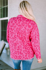 Pink leopard print jacket with buttoned cuffs and raw hem