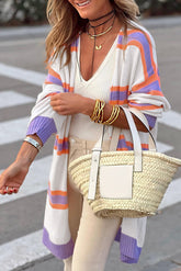 Cardigan rayé beige à manches longues et boutons à bordure côtelée-A WOMAN WE LOVE