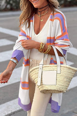 Cardigan rayé beige à manches longues et boutons à bordure côtelée-A WOMAN WE LOVE