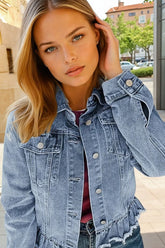 Blue with blue with ruffles and raw hem *