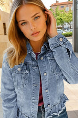 Blue with blue with ruffles and raw hem *