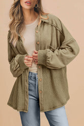 Moss Green Waffle Knit Button-Up Oversized Jacket