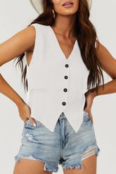 White costume vest with united buttoned V -neck colored