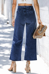 Jean large bleu raccourci à taille haute et boutons devant