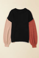 Black sweater with ribbed edge and COLOR BLOCK bishop sleeves