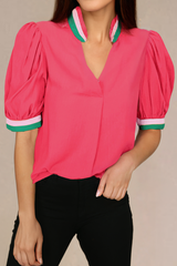 Short -sleeved blouse and V -neck with colorful carrot border
