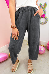 Pantalon baril en coton délavé à taille élastiquée et coutures apparentes