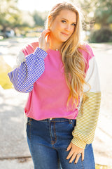 Plus Size Pink Red Color Block Patchwork Striped Puff Sleeve Top with Slits