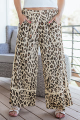 Pantalon jambes larges kaki léopard