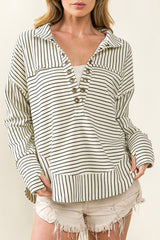 White Striped V-Neck Drop Shoulder Top with Thumbhole